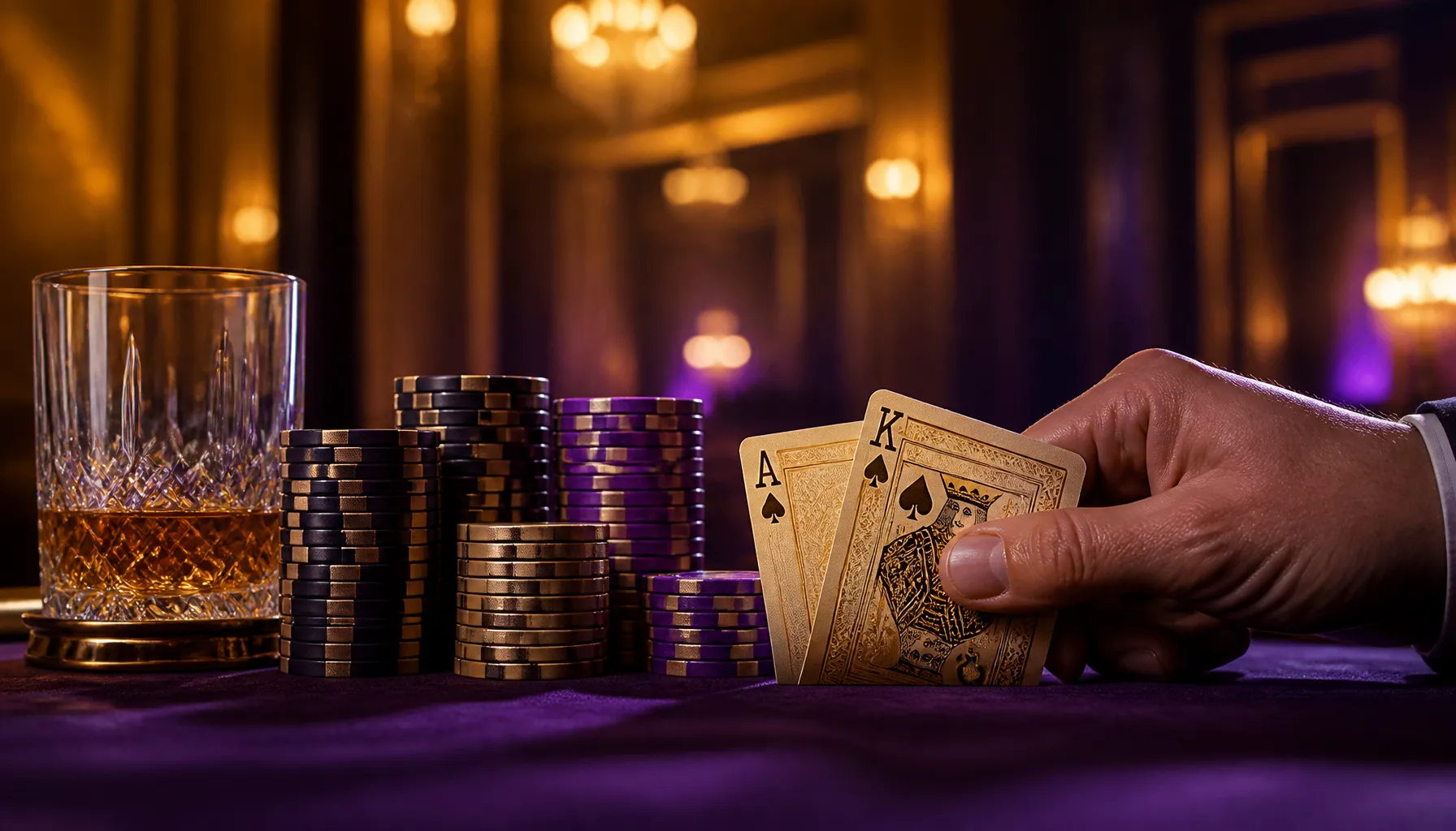Gleaming gold coins and ornate casino chips scattered on a rich velvet surface with warm cinematic lighting
