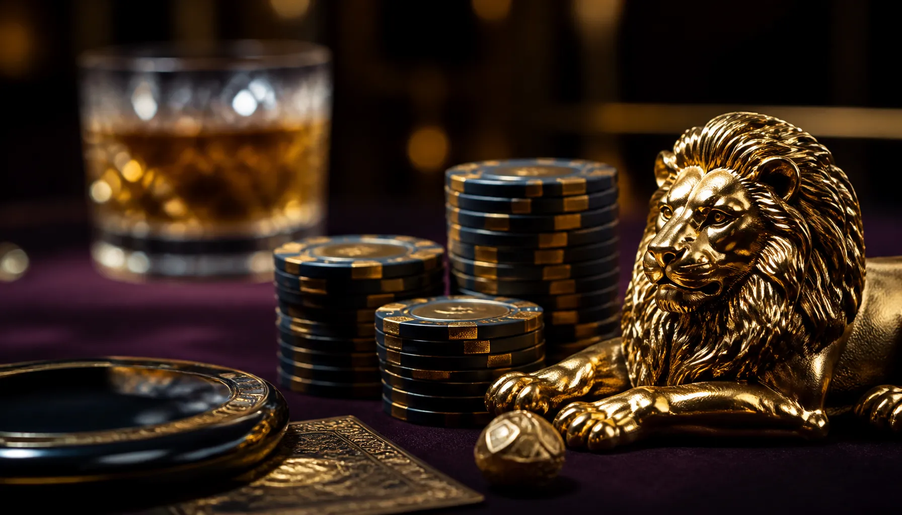 Gleaming gold coins and ornate casino chips scattered on a rich velvet surface with warm cinematic lighting