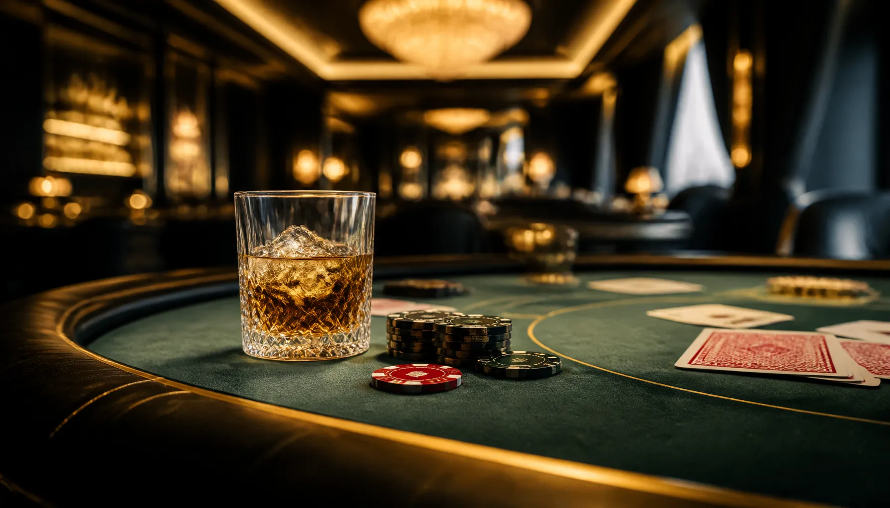 Gleaming gold coins and ornate casino chips scattered on a rich velvet surface with warm cinematic lighting