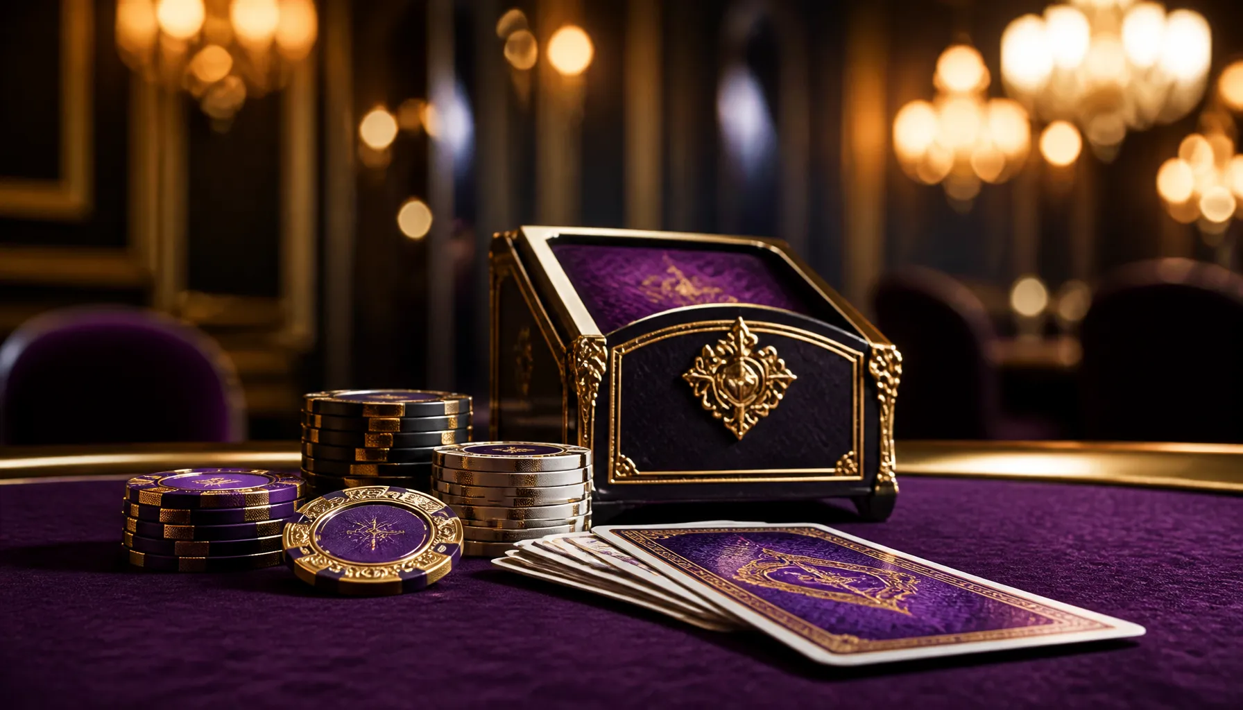 Gleaming gold coins and ornate casino chips scattered on a rich velvet surface with warm cinematic lighting